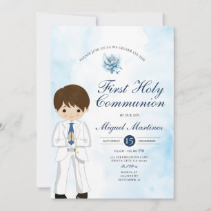 Blue 1st Holy Communion Boy Praying Silver Cross Invitation