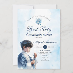 Blue 1st Holy Communion Boy Praying Silver Cross Invitation