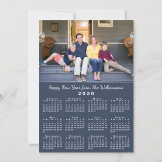 Blue 2020 Calendar 2 Custom Photos Happy New Year Holiday Card