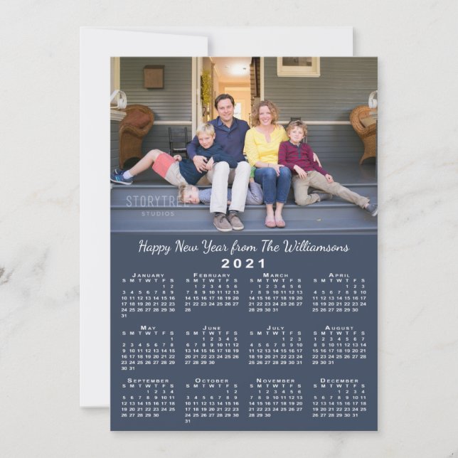 Blue 2021 Calendar 2 Custom Photos Happy New Year Holiday Card (Front)