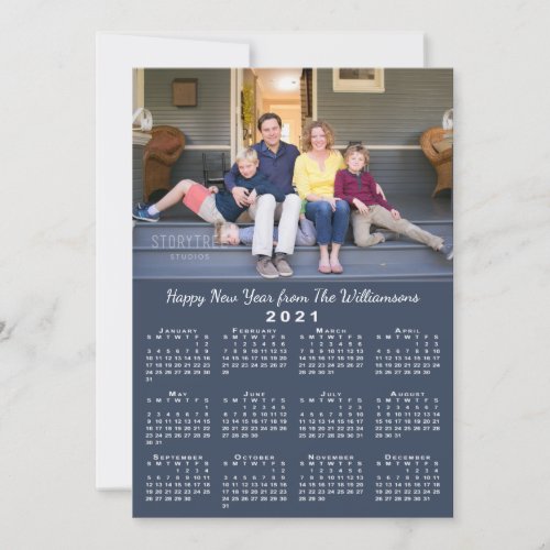 Blue 2021 Calendar 2 Custom Photos Happy New Year Holiday Card