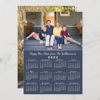 Blue 2022 Calendar 2 Custom Photos Happy New Year Holiday Card