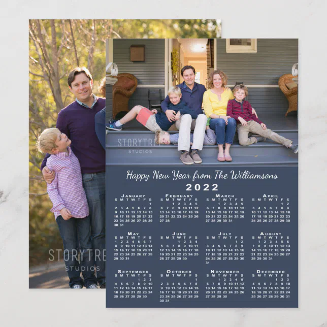 Blue 2022 Calendar 2 Custom Photos Happy New Year Holiday Card | Zazzle