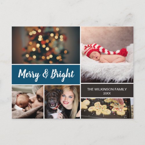 Blue 2022 Merry and Bright Photo Collage Christmas Holiday Postcard