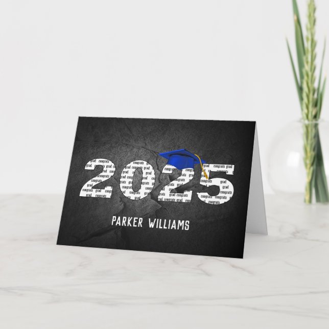 Blue 2025 Graduation Cap On Black Rock Card (Front)