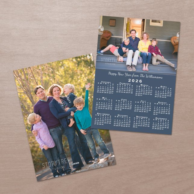 Blue 2026 Calendar 2 Custom Photos Happy New Year Holiday Card (Blue 2026 Calendar 2 Custom Photos Happy New Year Holiday Card, front/back)