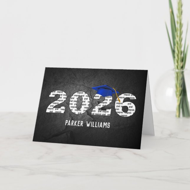 Blue 2026 Graduation Cap On Word Cloud Card (Front)