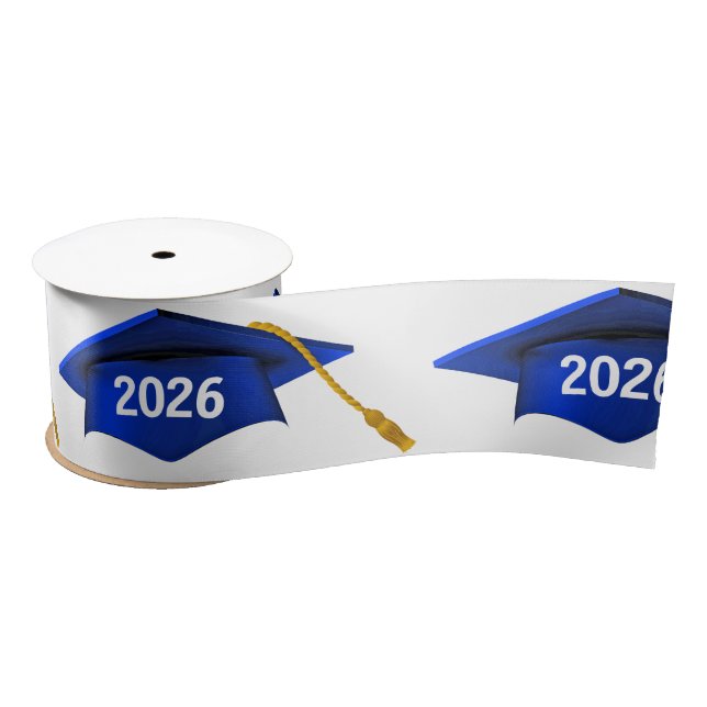 Blue 2026 Graduation Caps On White Satin Ribbon (Spool)