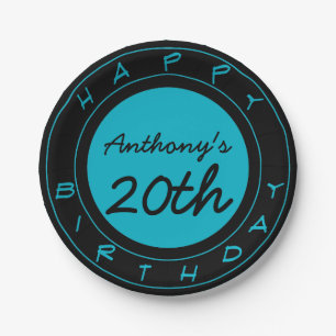 Blue 20th Birthday Party Personalized Paper Plates