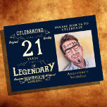Blue 21st Birthday Vintage Gold Foil Invitation<br><div class="desc">Celebrate this special milestone with a truly luxurious and unique blue 21st Birthday Vintage Gold Foil Invitation. Our exclusive design features vintage retro script with a gold foil to make this invitation shine. Create a personalized look by adding a favorite photo and customized text to make it truly one of...</div>