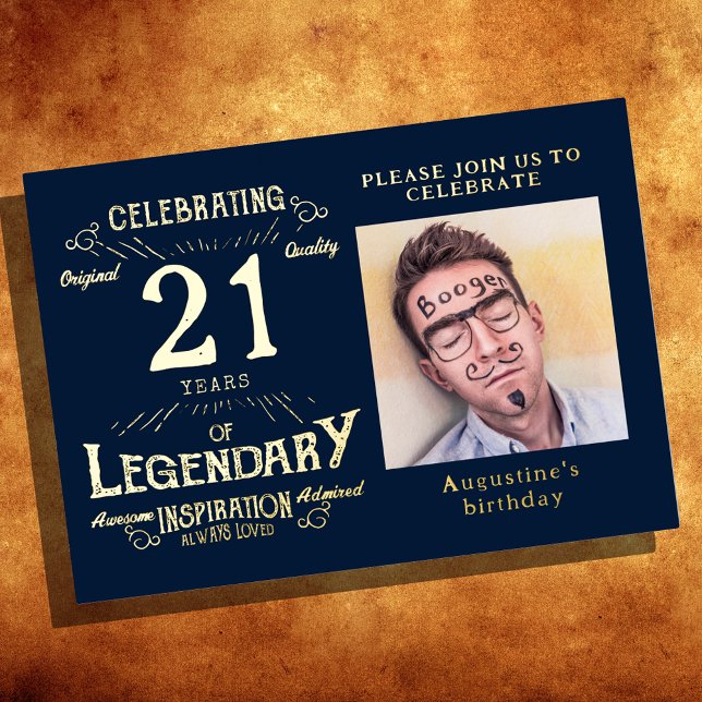 Blue 21st Birthday Vintage Gold Foil Invitation (Creator Uploaded)