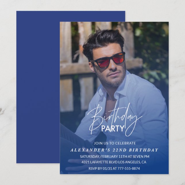Blue 22nd birthday invitation Birthday party Photo (Front/Back)