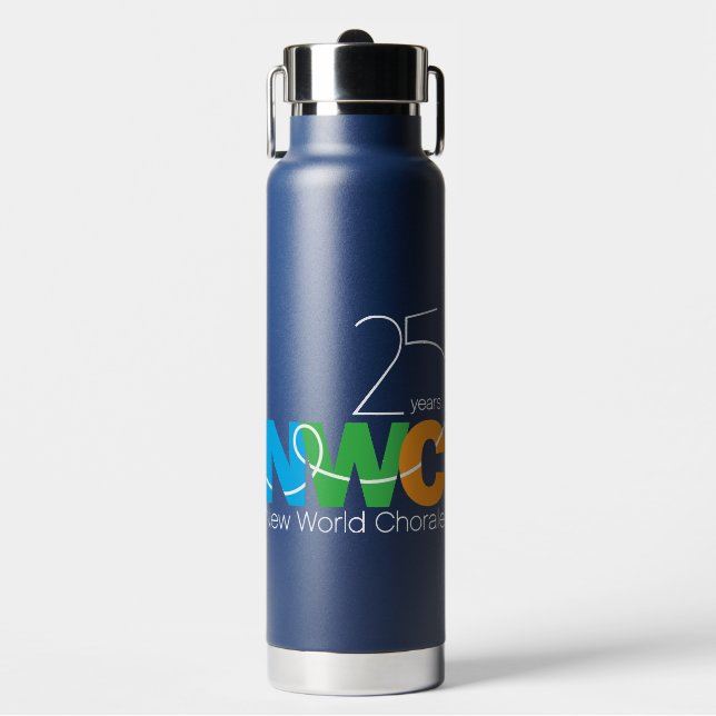 Blue 25th Anniversary NWC Water Bottle with Straw (Front)