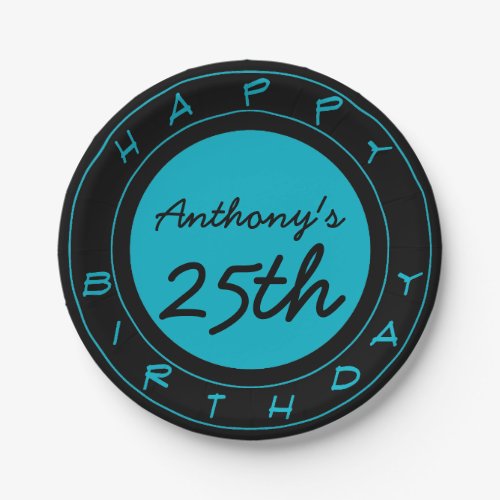 Blue 25th Birthday Party Personalized Paper Plates