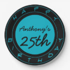 Blue 25th Birthday Party Personalized Paper Plates
