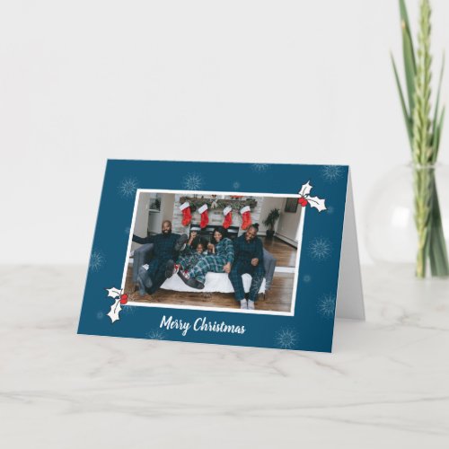 Blue 2 Holly Berries Digital Photo Christmas Card