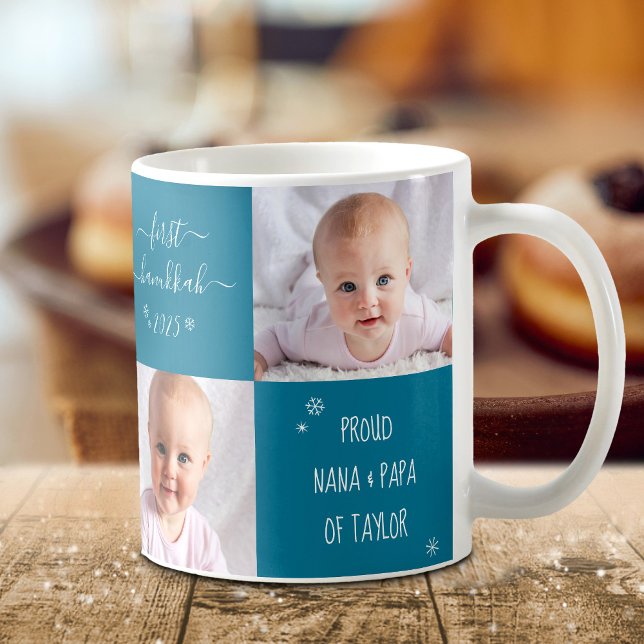 Blue 2 Photo Baby First Hanukkah Grandparents Name Coffee Mug (Creator Uploaded)