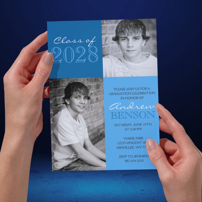 Blue 2 Toned Classic 2 Photo Graduation Invitation (Classic 2 Photo 2 Toned Blue Graduation Invitations)