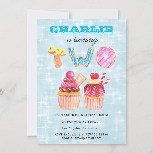 Blue 2nd Birthday Cute Cup Cake Invitation