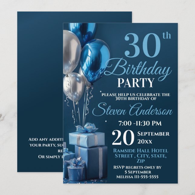 Blue 30th Birthday Balloon Gifts Invitation (Front/Back)