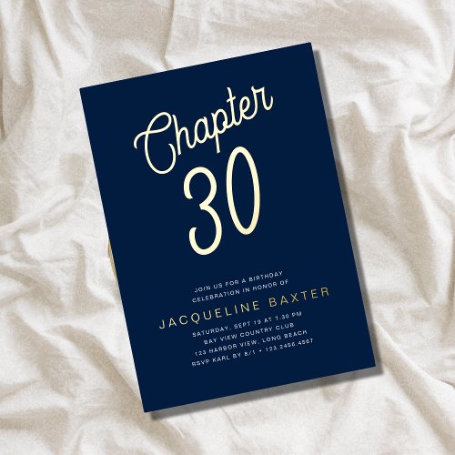 Blue 30th Birthday Gold Script Chapter 30 Party Foil Invitation