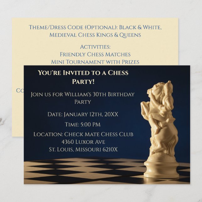 Blue 30th Birthday Party Chess Knight Invitation (Front/Back)