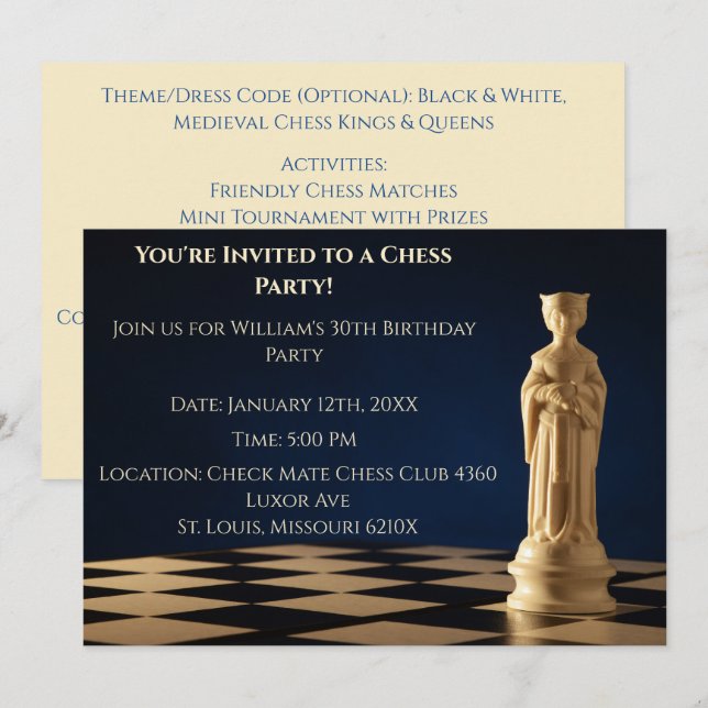 Blue 30th Birthday Party Chess Queen Invitation (Front/Back)
