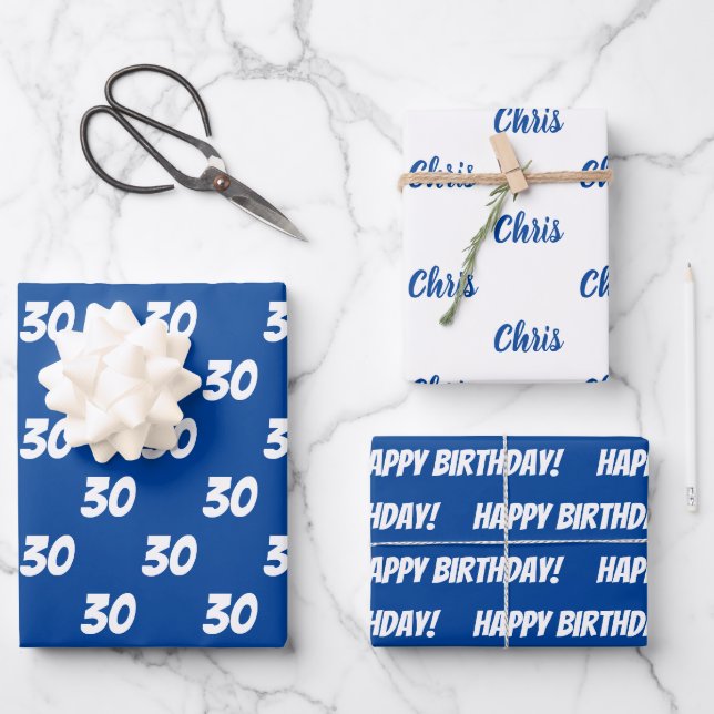 Blue 30th Happy Birthday Custom Name Wrapping Paper Sheets (Front)