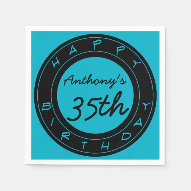 Blue 35th Birthday Party Personalized Paper Napkin (Front)