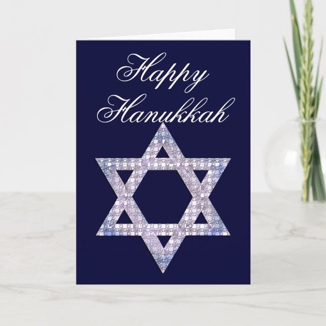 Blue 3 Jeweled Star of David Hanukkah Card (Front)