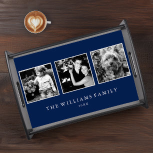 Blue 3-Photo Family Collage Serving Tray