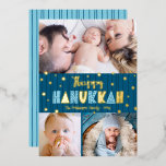 Blue 3 Photo Happy Hanukkah Fun Modern Real Gold Foil Holiday Card<br><div class="desc">“Happy Hanukkah.” Fun, playful, whimsical handcrafted real gold foil and light blue typography, a random gold foil Star of David pattern, and midnight navy blue hand drawn lines overlay a dark teal blue background. Add 3 photos of your choice to help usher in Hanukkah with this stunning, colorful, personalized real...</div>