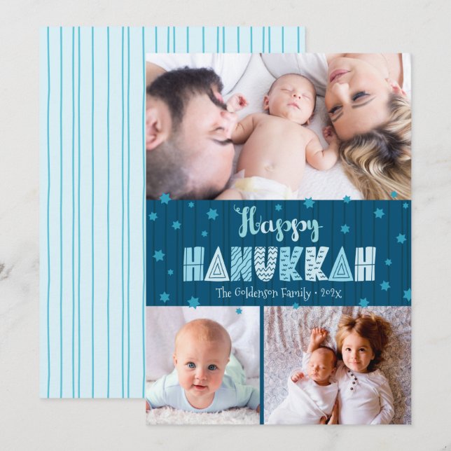 Blue 3 Photo Happy Hanukkah Modern Fun Typography Holiday Card (Front/Back)