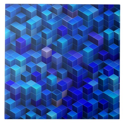Blue 3D cubes abstract geometric pattern Ceramic Tile