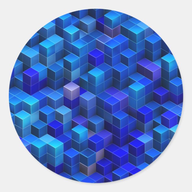 Blue 3D cubes abstract geometric pattern Classic Round Sticker (Front)