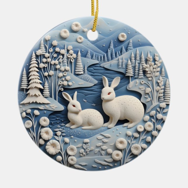 Blue 3D  Cute White Rabbits Animal Chirstmas Ceramic Ornament (Front)