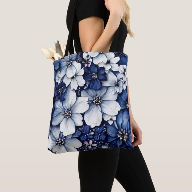 Blue 3d flowers tote bag for women and girls (Close Up)