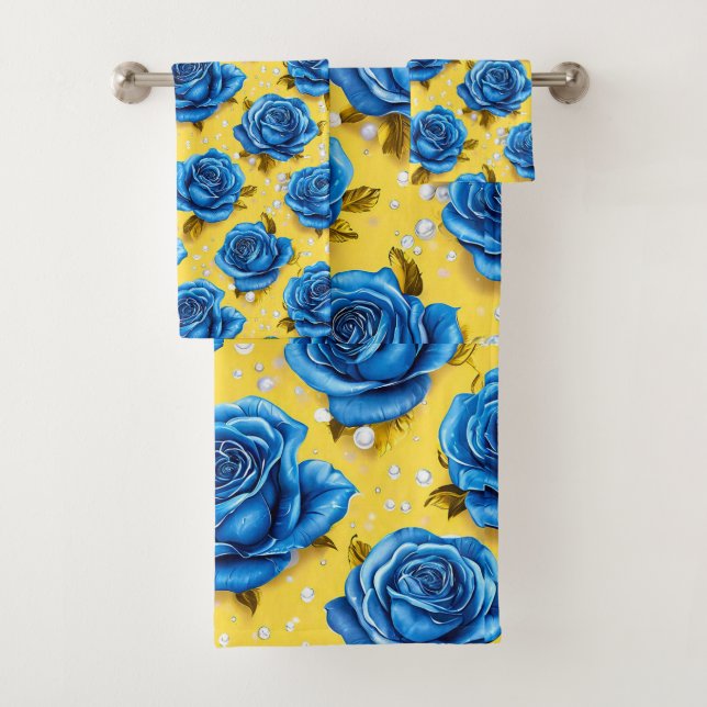 Blue 3d roses bath towel set (Insitu)