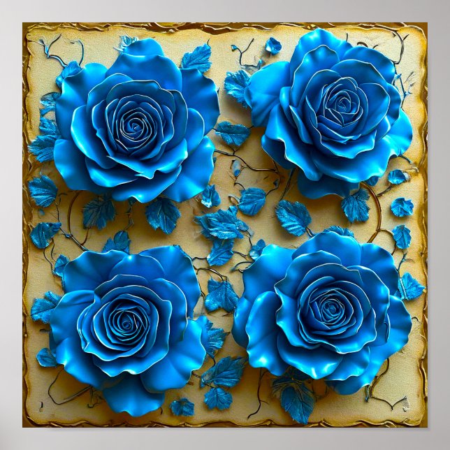 💙 Blue 3D Roses Elegant Floral Modern Fantasy Poster (Front)