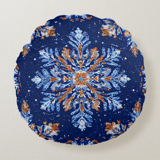 Blue 3d snowflakes round pillow (Front)
