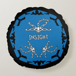Blue, 3rd Eye Chakra "Insight" Dragonfly Black BG Round Pillow