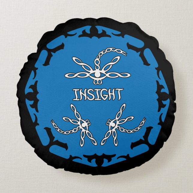 Blue, 3rd Eye Chakra "Insight" Dragonfly Black BG Round Pillow (Front)