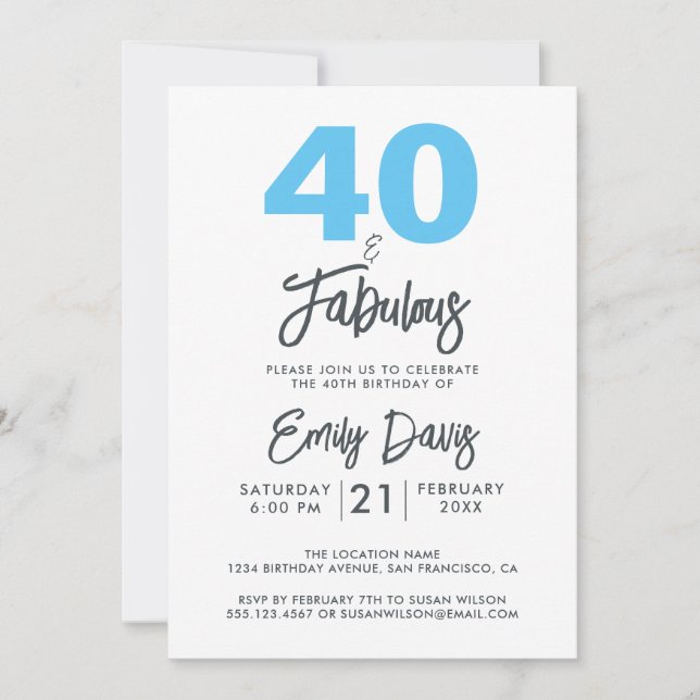 Blue 40 and Fabulous | 40th Birthday Party Invitation (Front)