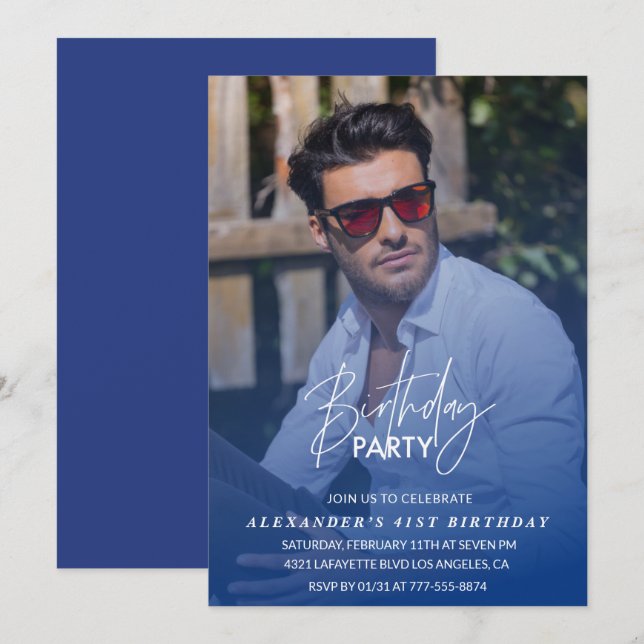Blue 41st birthday invitation Birthday party Photo (Front/Back)