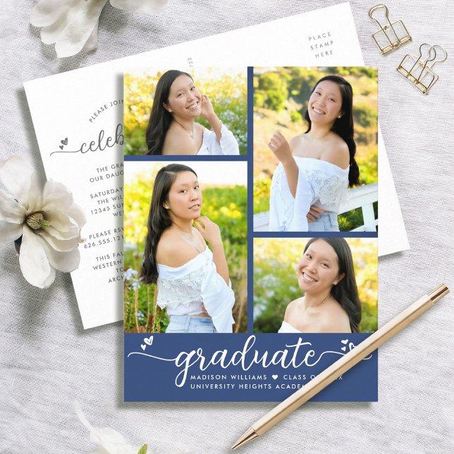 Blue 4 Photo Graduation Modern Girly Script Hearts Invitation Postcard (Creator Uploaded)
