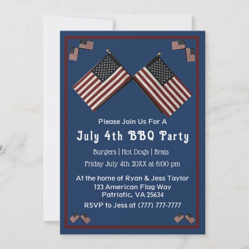 Blue 4th of July American Flag Party Invitation