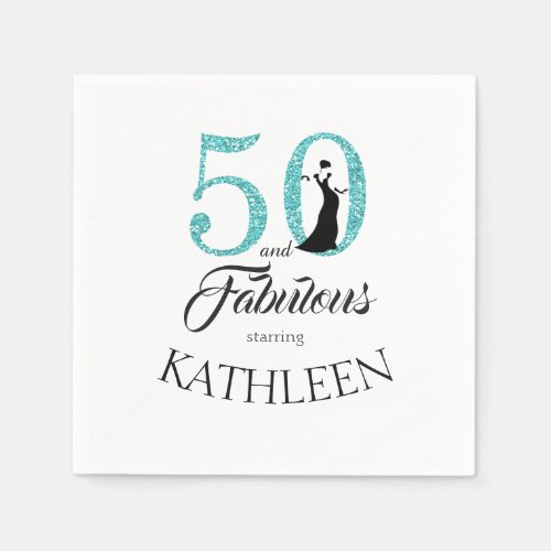 Blue 50 and Fabulous Birthday Party Custom Name Paper Napkins