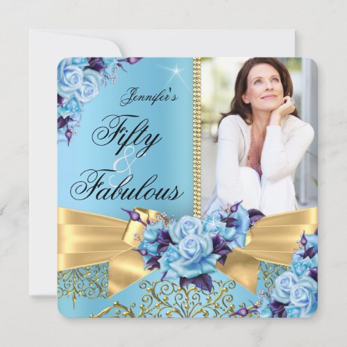 Blue 50  Fabulous Photo Gold Rose Bow Birthday Invitation