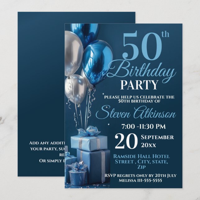 Blue 50th Birthday Balloon Gifts Invitation (Front/Back)