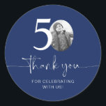 Blue 50th Birthday Thank You Classic Round Sticker<br><div class="desc">Add a personal touch to your party favors with this customizable 50th birthday sticker! Designed to make your milestone celebration extra special, this sticker allows you to add your own photo and personalize the text for a unique keepsake. Perfect for attaching to party favors, gift bags, or thank-you gifts, this...</div>